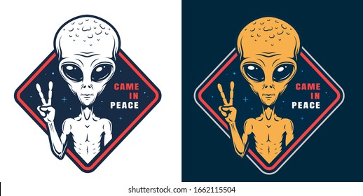 Alien showing peace sign colorful label in vintage style isolated illustration