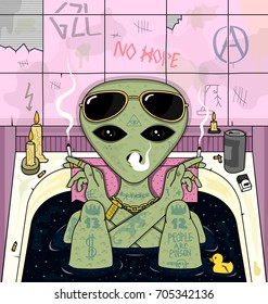 Alien Smoke And Chill In Bath. Psychedelic Illustration