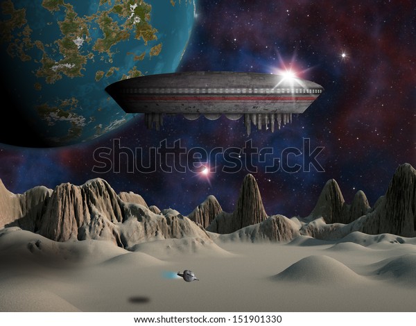 An alien space craft\
or UFO hovers over an alien moon with an earth-like planet in the\
background.