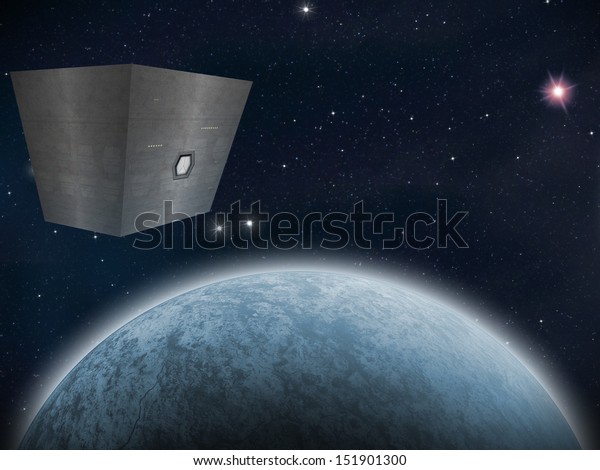 An alien space craft or UFO near an\
earth-like planet. Artist\
Impression.