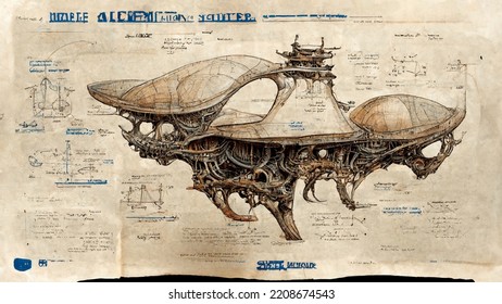 Alien Space Ship Blueprint, Sketch, Diagram, Outline With Dimensions, Outline And Technical Specification, Engineering Research. Drawing On Old Paper, Pencil Drawing.