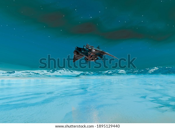 alien space ship is floating on ice planet,\
3d illustration