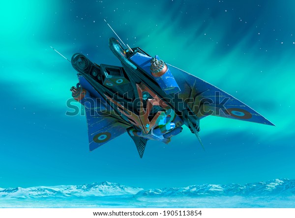 alien space ship is floating on ice planet\
bottom view, 3d\
illustration