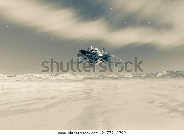 alien space ship is floating on ice planet,\
3d illustration