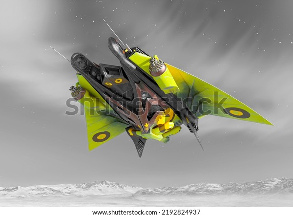 alien space ship is floating on ice planet\
bottom view, 3d\
illustration