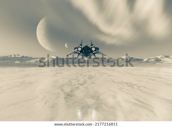alien space ship is flying on ice planet\
rear view, 3d\
illustration