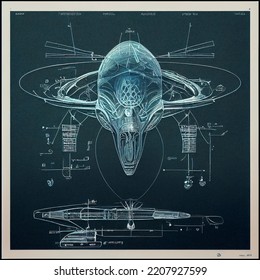 Alien Space Ship, Flying Saucer, Blueprint, Sketch, Diagram, Outline With Dimensions, Outline And Technical Specification, Engineering Research. Drawing On Dark Blue Paper, Pencil Drawing.