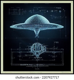 Alien Space Ship, Flying Saucer, Blueprint, Sketch, Diagram, Outline With Dimensions, Outline And Technical Specification, Engineering Research. Drawing On Dark Blue Paper, Pencil Drawing.