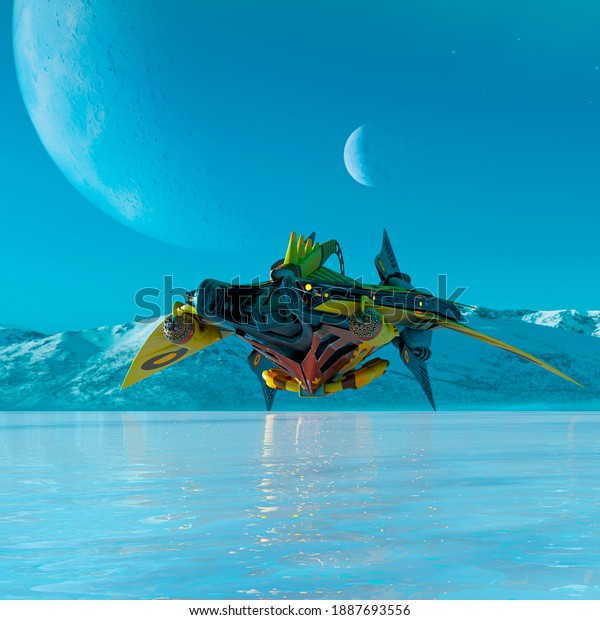 alien space ship is landed on ice cool
picture, 3d
illustration