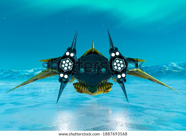 alien space ship is landed on ice rear view,\
3d illustration