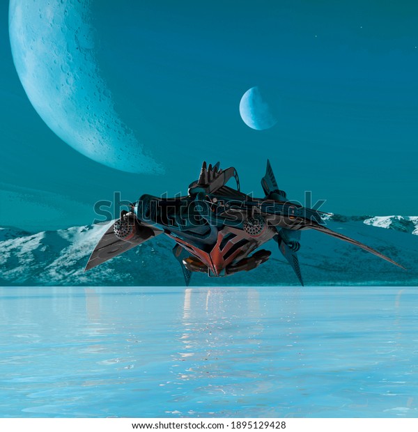 alien space ship is landed on ice cool\
picture, 3d\
illustration