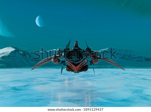 alien space\
ship is landed on ice, 3d\
illustration