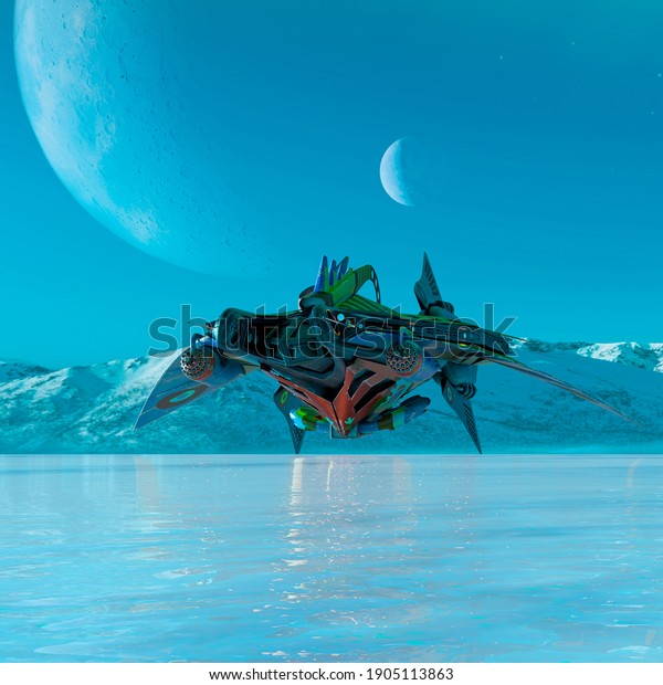 alien space ship is landed on ice cool\
picture, 3d\
illustration