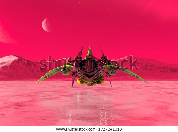 alien space\
ship is landed on ice, 3d\
illustration