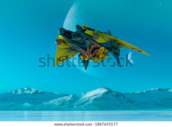alien space
ship is landing on ice, 3d
illustration