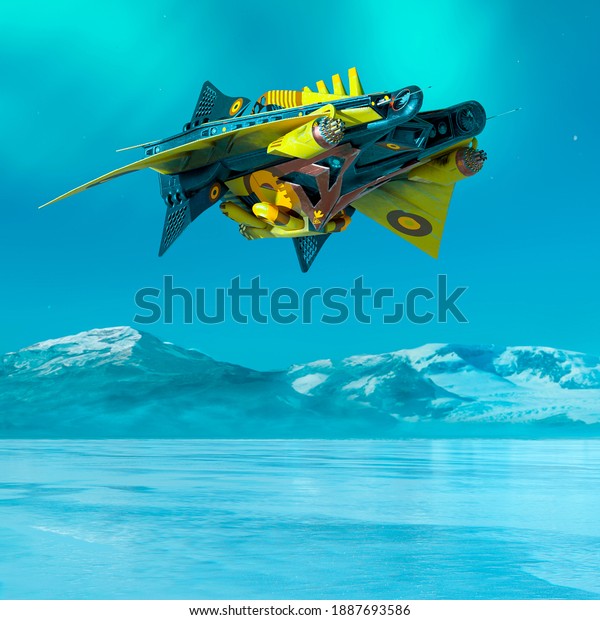 alien\
space ship is passing by on ice, 3d\
illustration