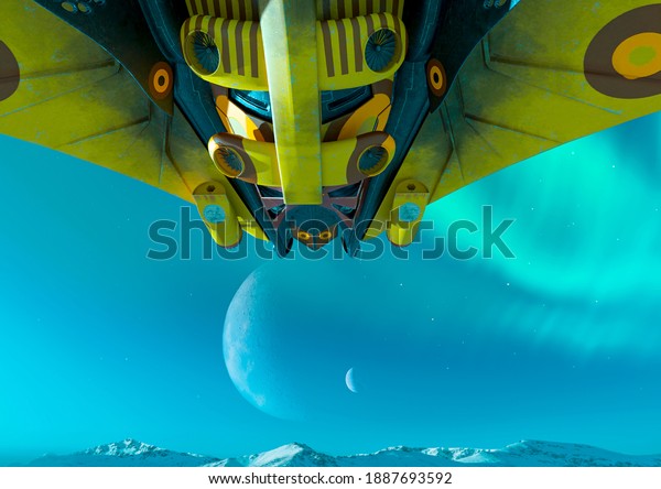 alien space ship is passing by on ice planet\
close up view, 3d\
illustration