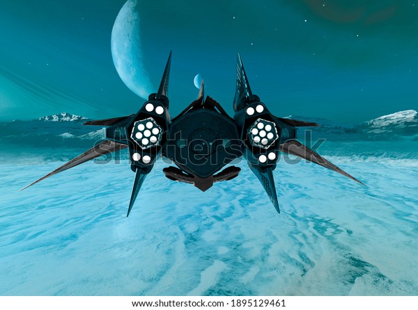 alien space ship is passing by on ice planet\
rear view, 3d\
illustration