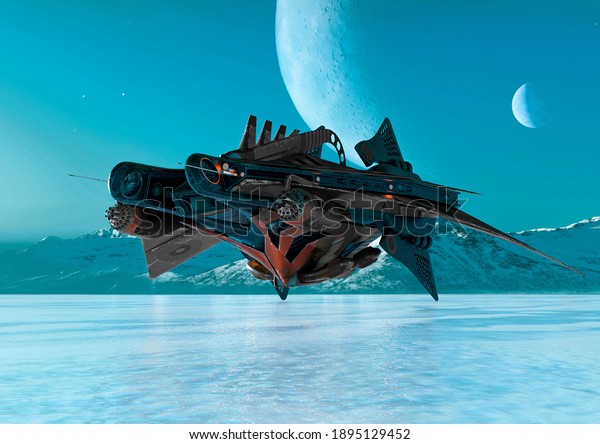 alien\
space ship is taking off on ice, 3d\
illustration
