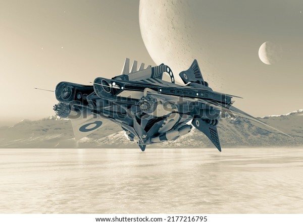 alien\
space ship is taking off on ice, 3d\
illustration