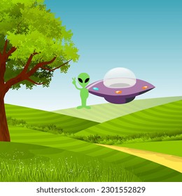 alien spaceship in jungle vector, alien in jungle vector landscape
