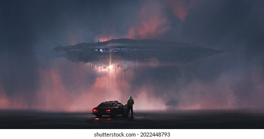 Alien spaceship looming in the clouds, 3D illustration.
