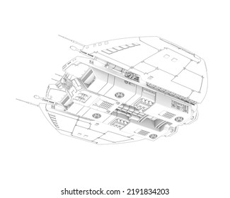Alien Spaceship In Outline Way Is Floating On Bottom View, 3d Illustration