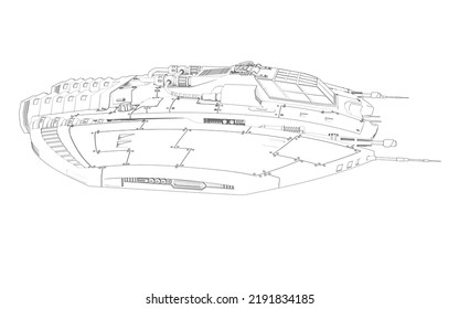 Alien Spaceship In Outline Way Is Hunting Down On Side View, 3d Illustration