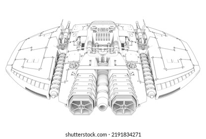 Alien Spaceship In Outline Way Is Hunting Down On Rear View, 3d Illustration