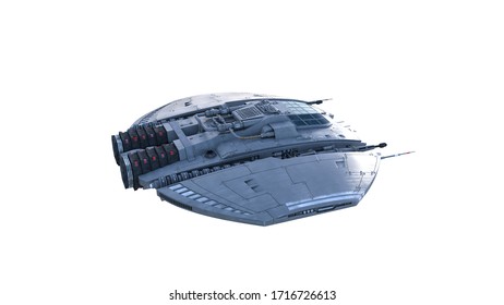 Alien-Raumschiff, UFO-Raumfahrzeug einzeln auf weißem Hintergrund, Draufsicht, 3D-Rendering