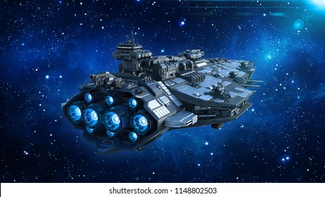 Außerirdisches Raumschiff im Universum, Raumflugkörper, die in tiefem Raum mit Sternen im Hintergrund fliegen, UFO-Rückansicht, 3D-Darstellung