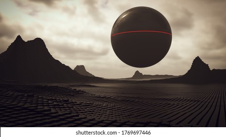 Alien Sphere Black Geometric Abstract Cube Low Landscape With Rocky Peaks 3d Illustration 3d Render 