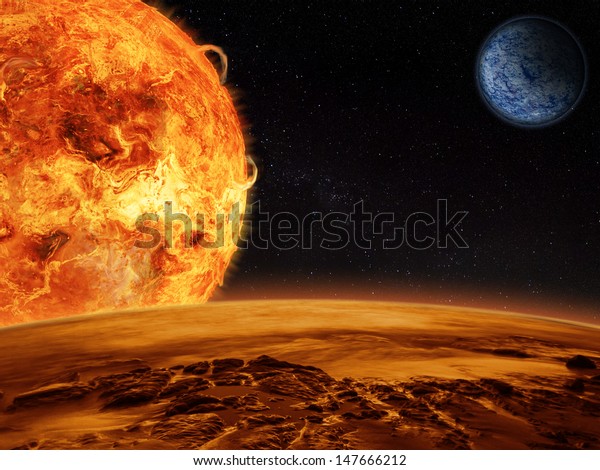 Alien sun rises over a rocky moon with\
the mother planet in view. Sci-fi Fantasy\
artwork.