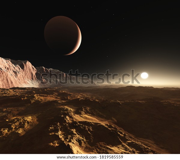Alien surface of the planet\
at sunrise, Martian sunset, Mars at sunset, Sunrise on Mars, 3D\
rendering