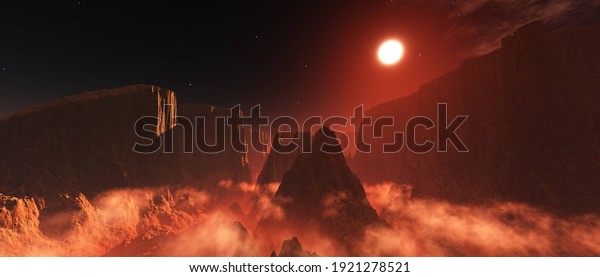 Alien surface of the planet\
at sunrise, Martian sunset, Mars at sunset, Sunrise on Mars, 3D\
rendering