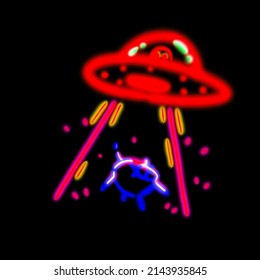 Alien and UFO abducting cow neon light art fun cartoon drawing illustration
