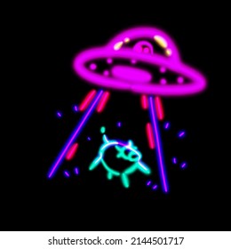 Alien and UFO abducting cow neon light art fun cartoon drawing illustration