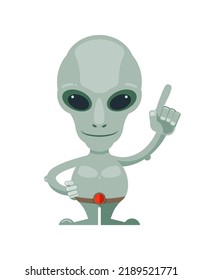 Alien Ufo Character. Funny And Scary Space Cartoon Green Alien Monster Mascot Pointing Hand Top