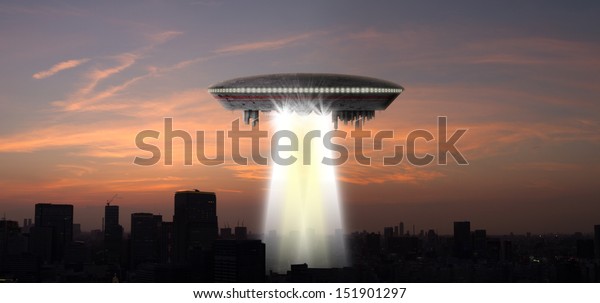An alien UFO over a city of skyscrapers shinning a\
beam of light.