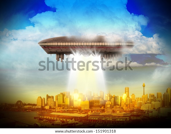 An alien UFO over a city of skyscrapers shinning a\
beam of light.