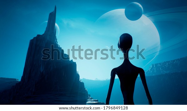 An\
alien is waiting for the dawn on his unusual planet. Landscape of a\
beautiful alien planet in far space. 3D\
Rendering.