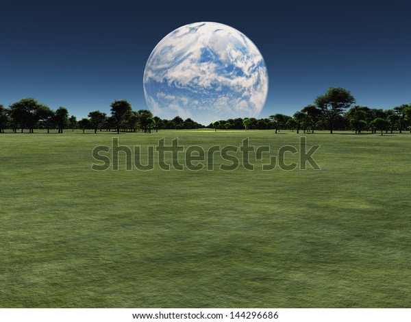 Alien world with another planet on horizon or earth\
with a terraformed\
moon