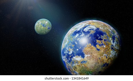 Alien World, Exoplanet In The Habitable Zone, Planet With Moon, Water And Plant Life (3d Astronomy Rendering)