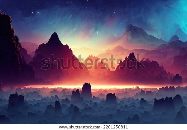Alien world. Exoplanet,\
planet, landscape. Unknown planet. Digital art of fantasy landscape\
in space. 