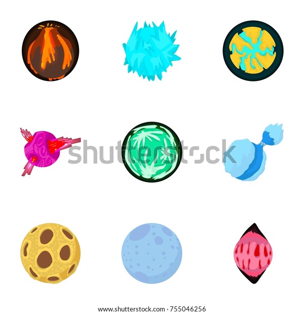 Alien world icons set.\
Cartoon set of 9 alien world  icons for web isolated on white\
background