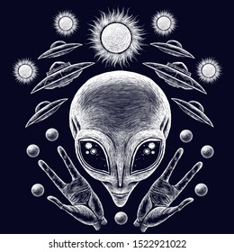Aliens. Alien signs and symbols. Ufology. UFO spaceship characters space objects. Science fiction illustration