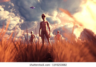 An aliens in grass field,3D illustration concept background 