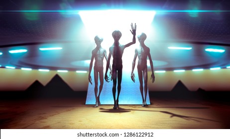 Aliens landing with ufo on earth coming in peace near pyramids - 3D rendering