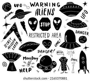 Aliens Ufo Hand Drawn Sketch Set Stock Illustration 2165370881