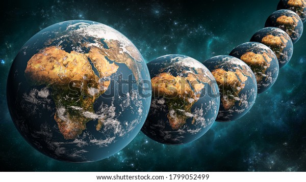 宇宙の風景3dレンダリングイラスト内の多くの地球惑星の位置合わせまたは配列 多元宇宙や平行宇宙のコンセプト 地球のテクスチャーはnasaが提供 の イラスト素材